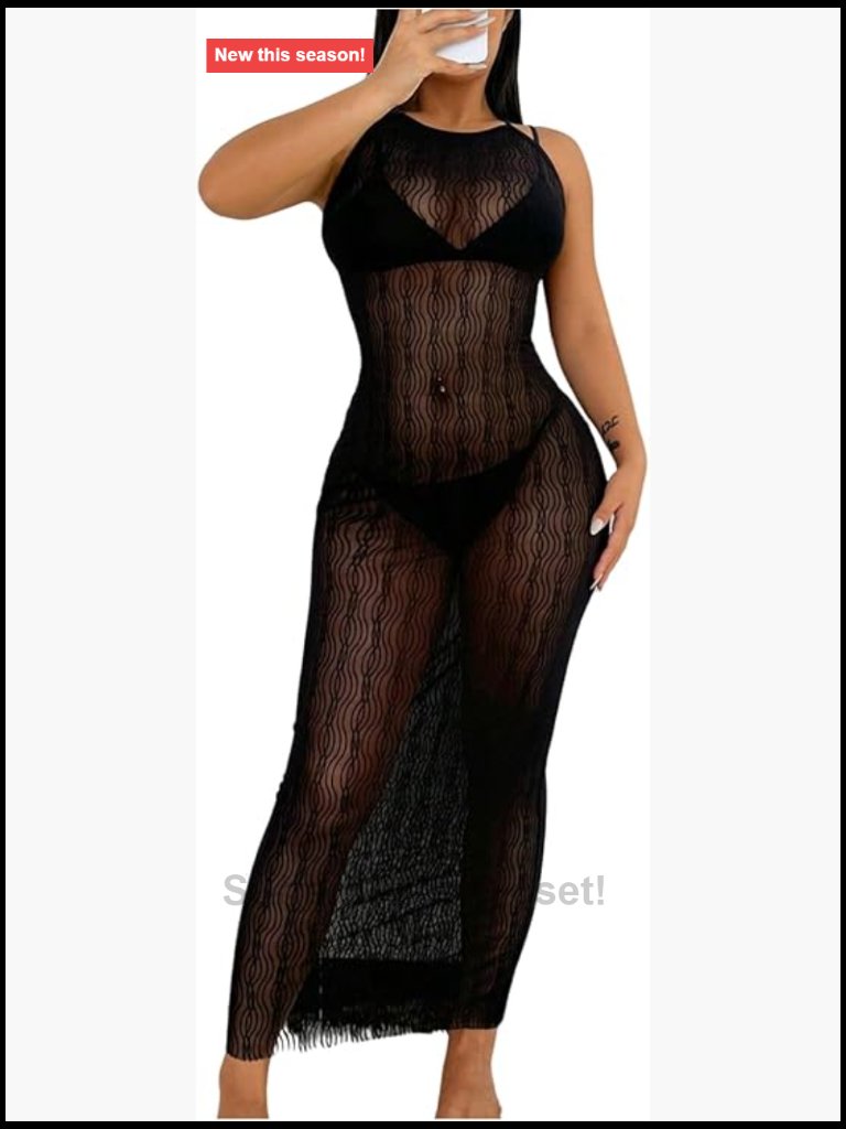 Geometric Sheer Mesh Halter Maxi Cover Up Dress Sleeveless